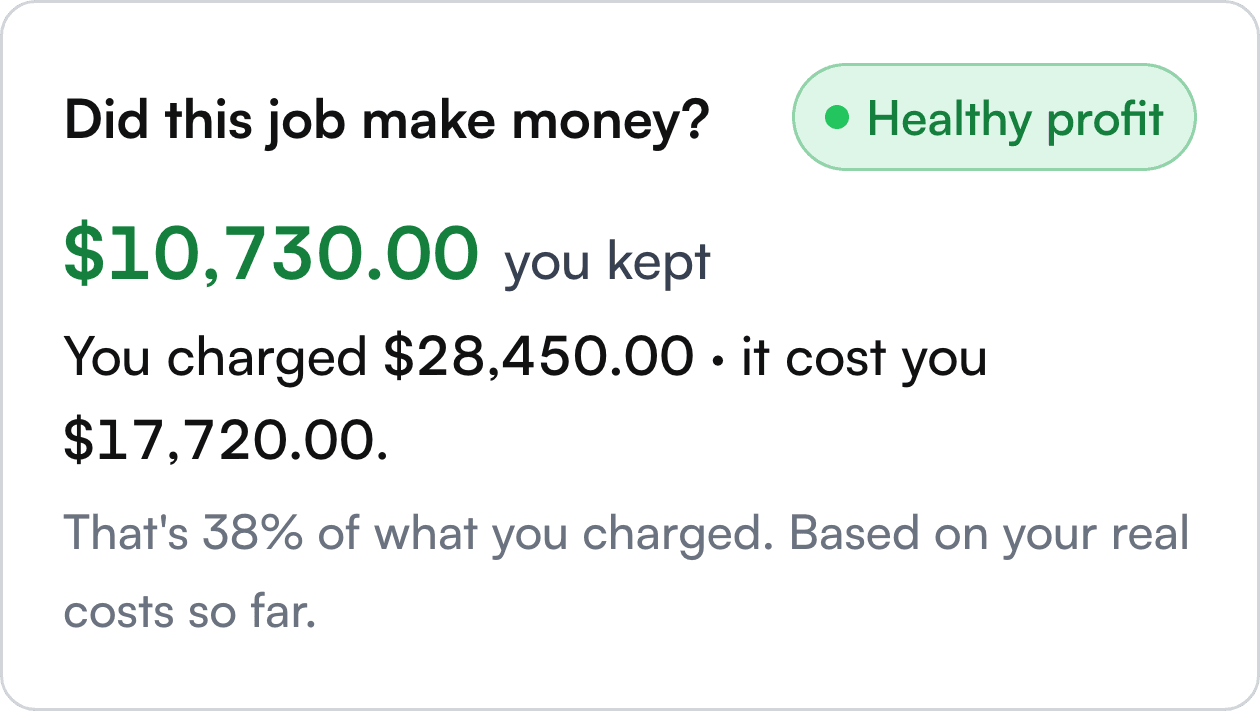 The job profit card in Eaveside: "Did this job make money?" Healthy profit, $10,730.00 you kept. You charged $28,450.00 and it cost you $17,720.00.